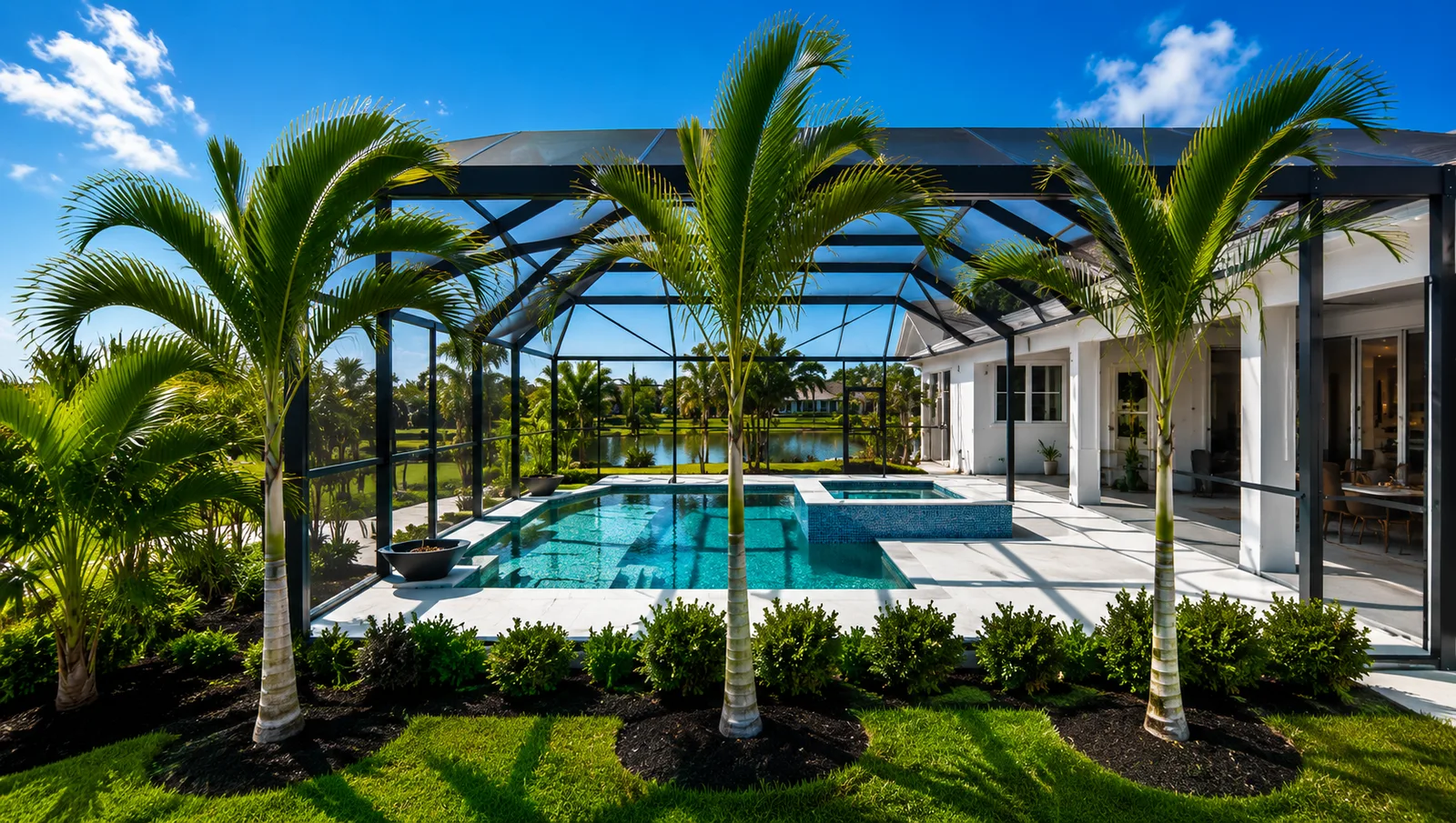 Front entrance landscaping with palm trees at a Naples, FL home