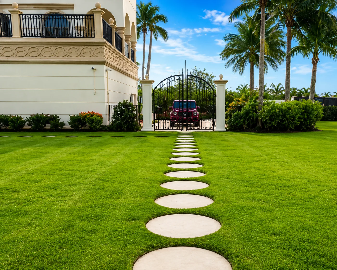 Manicured lawn and tropical landscaping beside a Naples, FL property