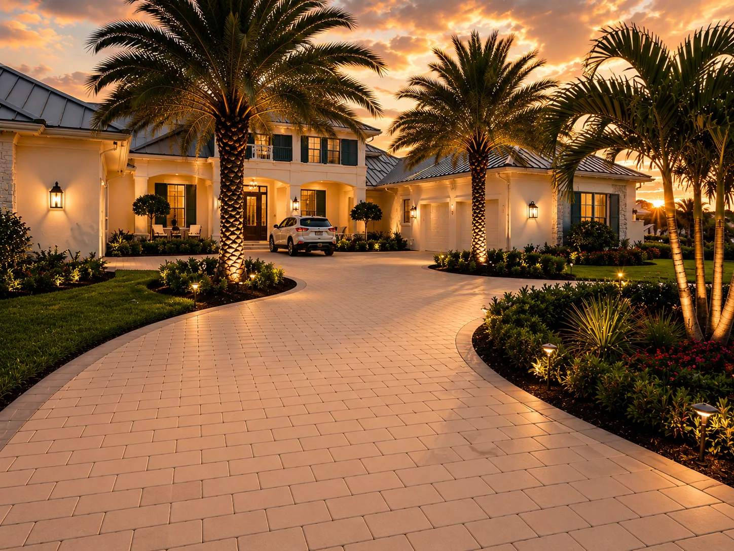 Curved paver driveway and landscaped front yard of a Naples, FL home